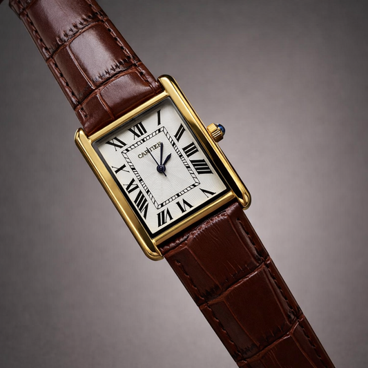 Cartier Style Rectangular Analog Watch for Men – Brown Leather Strap | Quartz Wrist Watch - Golden Silver