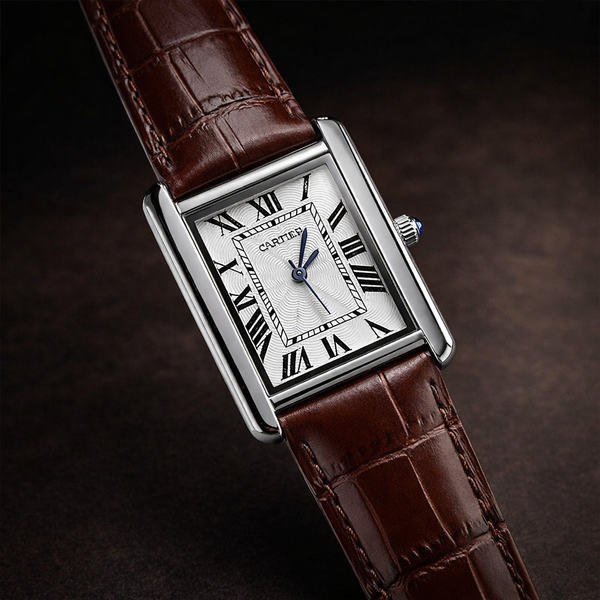 Cartier Style Rectangular Analog Watch for Men – Brown Leather Strap | Quartz Wrist Watch - Golden Silver