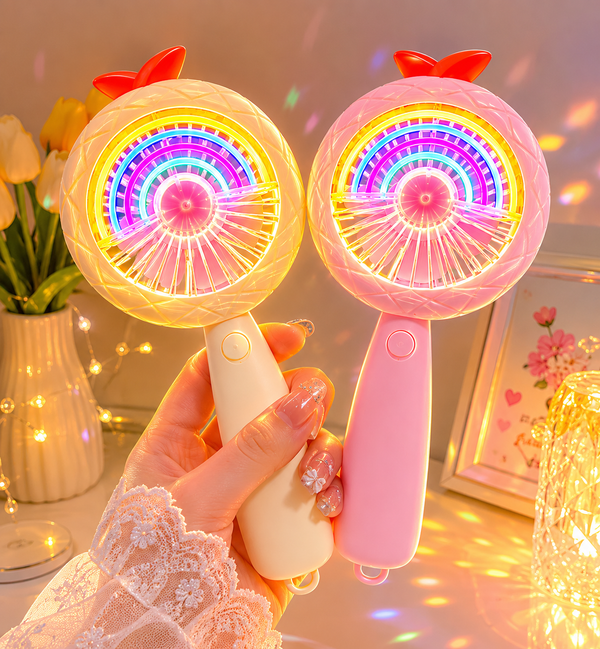 Cute Rechargeable Rainbow LED Fan – Portable Hand Fan with Multicolor Night Light