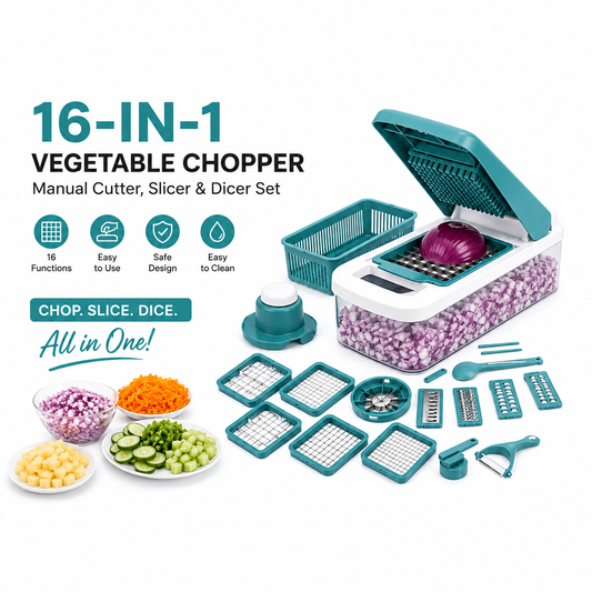 16-in-1 Vegetable Chopper – Manual Cutter, Slicer & Dicer Set